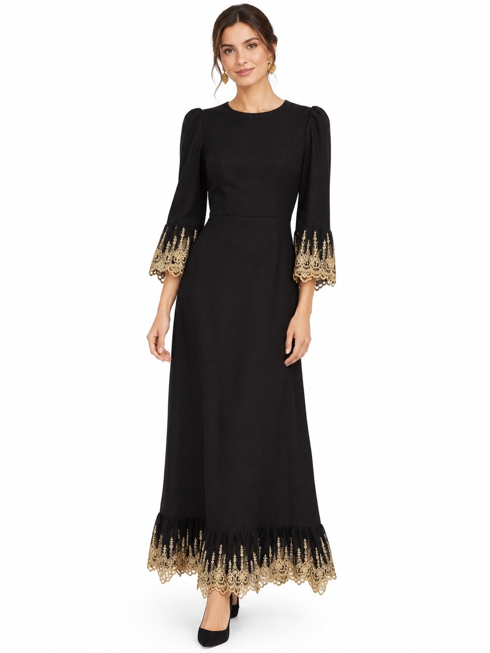 Tuckernuck Pomander Place Lilith Black Gold Lace Maxi Dress L NWT